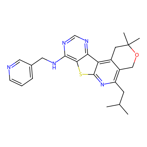 2,2-dimethyl-5-(2-methylpropyl)-N-(pyridin-3-ylmethyl)-1,4-dihydro-2H-pyrano[4'',3'':4',5']pyrido[3',2':4,5]thieno[3,2-d]pyrimidin-8-amine structure