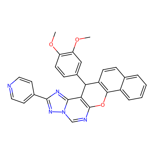 14-(3,4-dimethoxyphenyl)-2-(pyridin-4-yl)-14H-benzo[7,8]chromeno[3,2-e][1,2,4]triazolo[1,5-c]pyrimidine structure