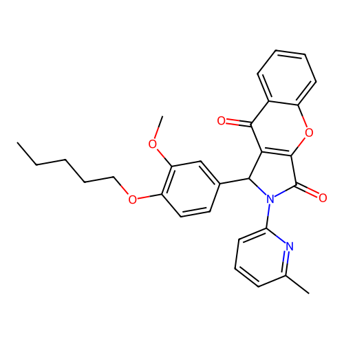 1-(3-methoxy-4-(pentyloxy)phenyl)-2-(6-methylpyridin-2-yl)-1,2-dihydrochromeno[2,3-c]pyrrole-3,9-dione structure
