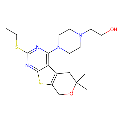 2-(4-(2-(ethylthio)-6,6-dimethyl-6,8-dihydro-5H-pyrano[4',3':4,5]thieno[2,3-d]pyrimidin-4-yl)piperazin-1-yl)ethanol structure