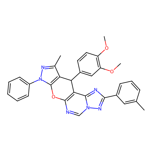 11-(3,4-dimethoxyphenyl)-10-methyl-2-(3-methylphenyl)-8-phenyl-8,11-dihydropyrazolo[4',3':5,6]pyrano[3,2-e][1,2,4]triazolo[1,5-c]pyrimidine structure