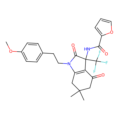 N-(1-(4-methoxyphenethyl)-6,6-dimethyl-2,4-dioxo-3-(trifluoromethyl)-2,3,4,5,6,7-hexahydro-1H-indol-3-yl)furan-2-carboxamide structure