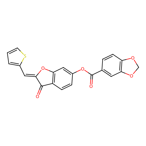 (Z)-3-oxo-2-(thiophen-2-ylmethylene)-2,3-dihydrobenzofuran-6-yl benzo[d][1,3]dioxole-5-carboxylate structure