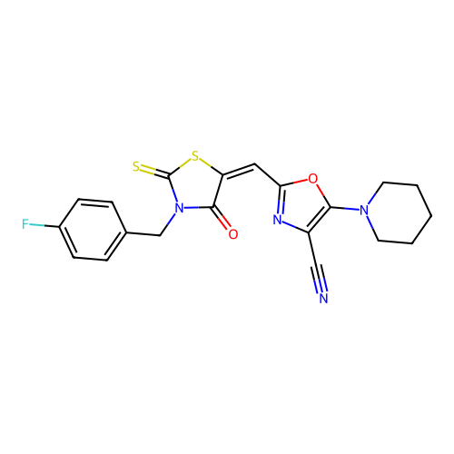 (E)-2-((3-(4-fluorobenzyl)-4-oxo-2-thioxothiazolidin-5-ylidene)methyl)-5-(piperidin-1-yl)oxazole-4-carbonitrile structure