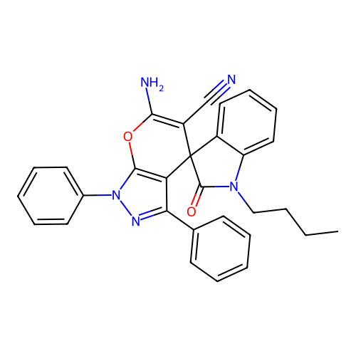 6'-amino-1-butyl-2-oxo-1',3'-diphenylspiro[indole-3,4'-pyrano[2,3-c]pyrazole]-5'-carbonitrile structure