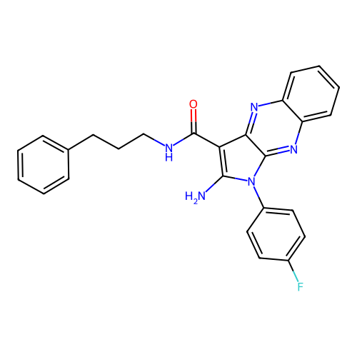 2-amino-1-(4-fluorophenyl)-N-(3-phenylpropyl)-1H-pyrrolo[2,3-b]quinoxaline-3-carboxamide structure