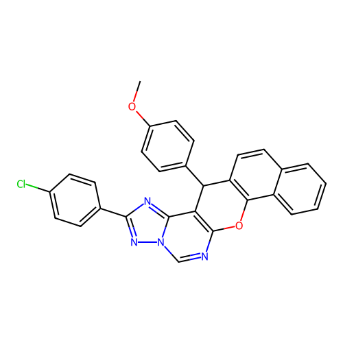 2-(4-chlorophenyl)-14-(4-methoxyphenyl)-14H-benzo[7,8]chromeno[3,2-e][1,2,4]triazolo[1,5-c]pyrimidine structure