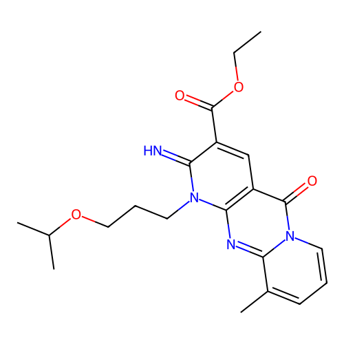 ethyl 2-imino-1-(3-isopropoxypropyl)-10-methyl-5-oxo-1,5-dihydro-2H-dipyrido[1,2-a:2,3-d]pyrimidine-3-carboxylate structure