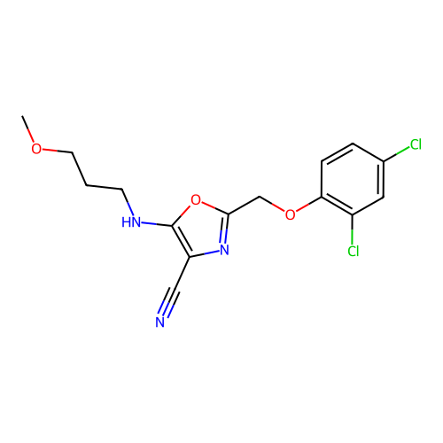 2-[(2,4-dichlorophenoxy)methyl]-5-[(3-methoxypropyl)amino]-1,3-oxazole-4-carbonitrile structure