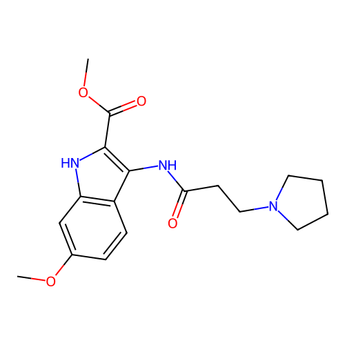 methyl 6-methoxy-3-{[3-(pyrrolidin-1-yl)propanoyl]amino}-1H-indole-2-carboxylate structure