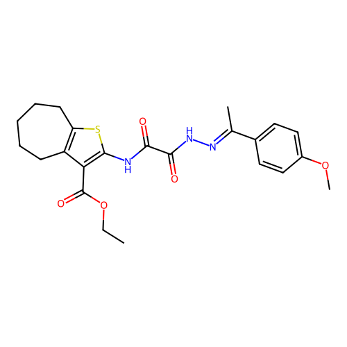 (E)-ethyl 2-(2-(2-(1-(4-methoxyphenyl)ethylidene)hydrazinyl)-2-oxoacetamido)-5,6,7,8-tetrahydro-4H-cyclohepta[b]thiophene-3-carboxylate structure
