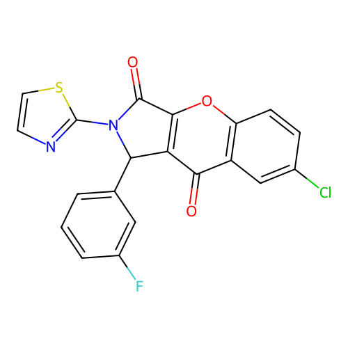 7-chloro-1-(3-fluorophenyl)-2-(1,3-thiazol-2-yl)-1,2-dihydrochromeno[2,3-c]pyrrole-3,9-dione structure