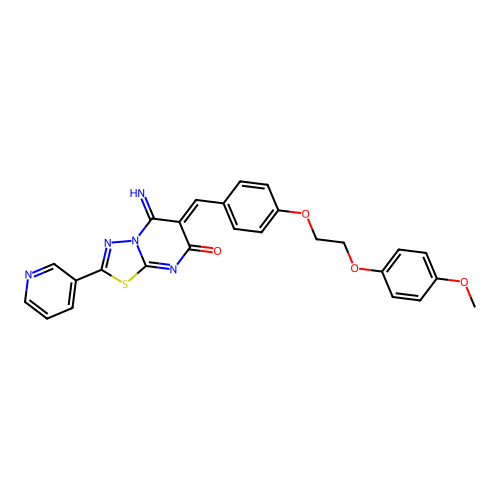 (6Z)-5-imino-6-[[4-[2-(4-methoxyphenoxy)ethoxy]phenyl]methylidene]-2-pyridin-3-yl-[1,3,4]thiadiazolo[3,2-a]pyrimidin-7-one structure