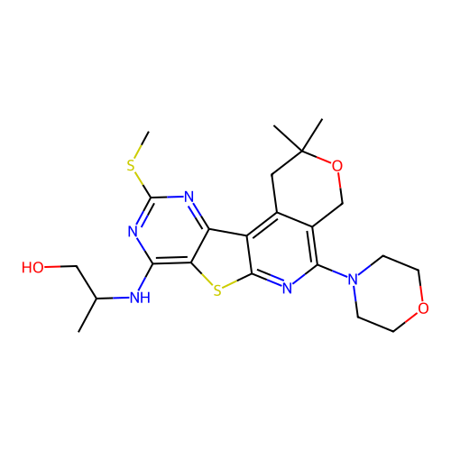 2-((2,2-dimethyl-10-(methylthio)-5-morpholino-2,4-dihydro-1H-pyrano[4'',3'':4',5']pyrido[3',2':4,5]thieno[3,2-d]pyrimidin-8-yl)amino)propan-1-ol structure