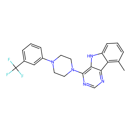 9-methyl-4-(4-(3-(trifluoromethyl)phenyl)piperazin-1-yl)-5H-pyrimido[5,4-b]indole structure