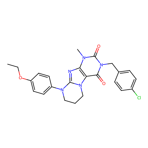3-(4-chlorobenzyl)-9-(4-ethoxyphenyl)-1-methyl-6,7,8,9-tetrahydropyrimido[2,1-f]purine-2,4(1H,3H)-dione structure