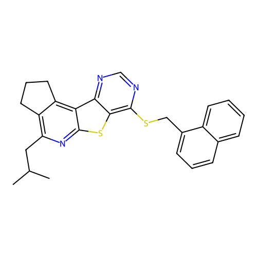 4-(2-methylpropyl)-7-[(naphthalen-1-ylmethyl)sulfanyl]-2,3-dihydro-1H-cyclopenta[4',5']pyrido[3',2':4,5]thieno[3,2-d]pyrimidine structure