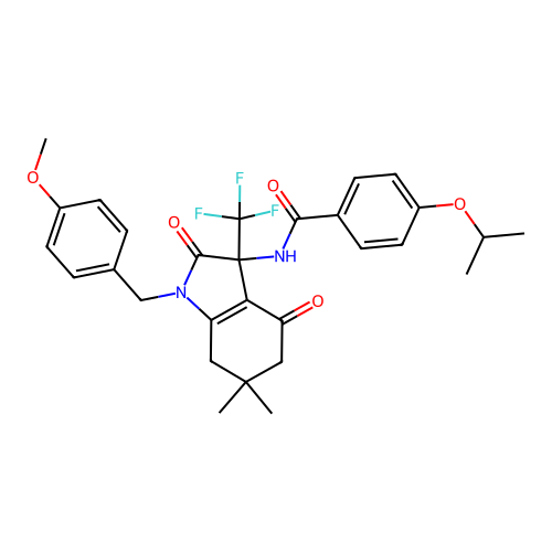 4-isopropoxy-N-(1-(4-methoxybenzyl)-6,6-dimethyl-2,4-dioxo-3-(trifluoromethyl)-2,3,4,5,6,7-hexahydro-1H-indol-3-yl)benzamide structure