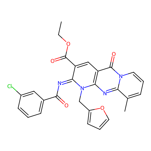 (Z)-ethyl 2-((3-chlorobenzoyl)imino)-1-(furan-2-ylmethyl)-10-methyl-5-oxo-2,5-dihydro-1H-dipyrido[1,2-a:2',3'-d]pyrimidine-3-carboxylate structure