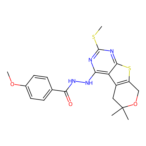 N'-(6,6-dimethyl-2-(methylthio)-6,8-dihydro-5H-pyrano[4',3':4,5]thieno[2,3-d]pyrimidin-4-yl)-4-methoxybenzohydrazide structure