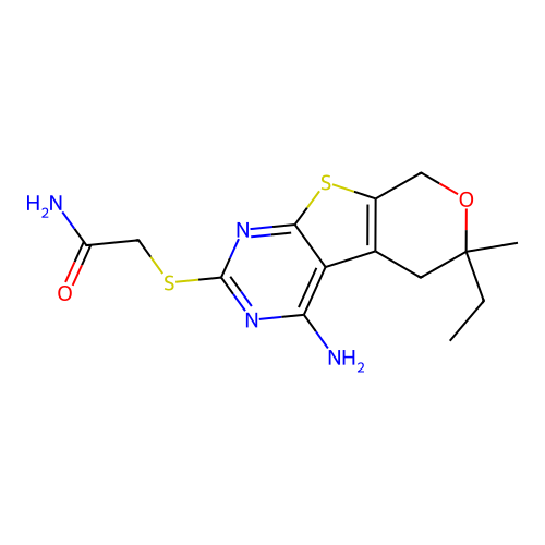 2-[(4-amino-6-ethyl-6-methyl-5,8-dihydro-6H-pyrano[4',3':4,5]thieno[2,3-d]pyrimidin-2-yl)sulfanyl]acetamide structure