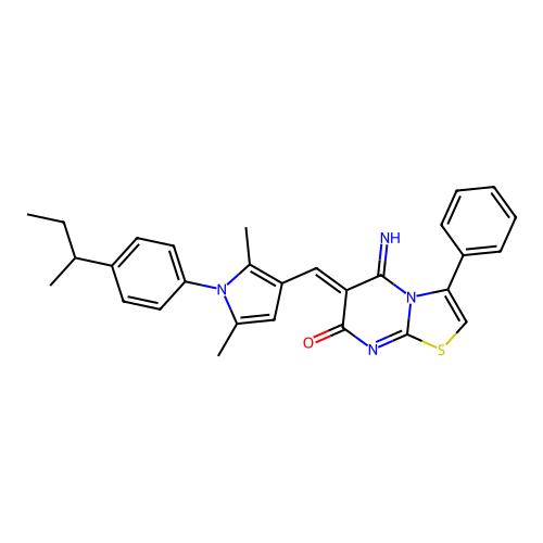 (6Z)-6-({1-[4-(butan-2-yl)phenyl]-2,5-dimethyl-1H-pyrrol-3-yl}methylidene)-5-imino-3-phenyl-5,6-dihydro-7H-[1,3]thiazolo[3,2-a]pyrimidin-7-one structure