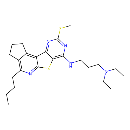 N'-[4-butyl-9-(methylsulfanyl)-2,3-dihydro-1H-cyclopenta[4',5']pyrido[3',2':4,5]thieno[3,2-d]pyrimidin-7-yl]-N,N-diethylpropane-1,3-diamine structure