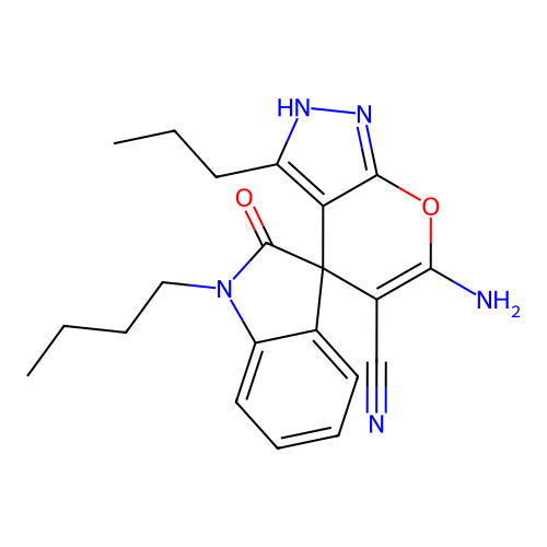 6'-amino-1-butyl-2-oxo-3'-propyl-1'H-spiro[indoline-3,4'-pyrano[2,3-c]pyrazole]-5'-carbonitrile structure