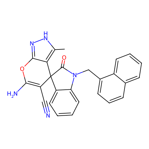6'-amino-3'-methyl-1-(naphthalen-1-ylmethyl)-2-oxo-1'H-spiro[indoline-3,4'-pyrano[2,3-c]pyrazole]-5'-carbonitrile structure