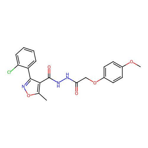 3-(2-chlorophenyl)-N'-(2-(4-methoxyphenoxy)acetyl)-5-methylisoxazole-4-carbohydrazide structure