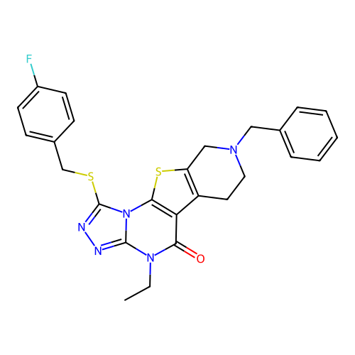8-benzyl-4-ethyl-1-((4-fluorobenzyl)thio)-6,7,8,9-tetrahydropyrido[4',3':4,5]thieno[3,2-e][1,2,4]triazolo[4,3-a]pyrimidin-5(4H)-one structure