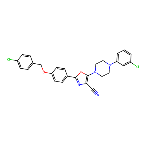 2-(4-((4-chlorobenzyl)oxy)phenyl)-5-(4-(3-chlorophenyl)piperazin-1-yl)oxazole-4-carbonitrile structure