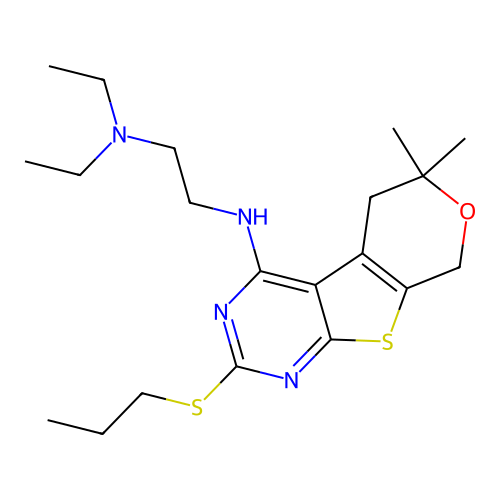 N'-[6,6-dimethyl-2-(propylsulfanyl)-5,8-dihydro-6H-pyrano[4',3':4,5]thieno[2,3-d]pyrimidin-4-yl]-N,N-diethylethane-1,2-diamine structure