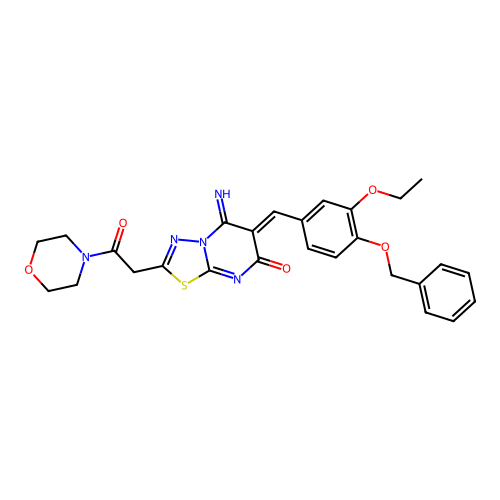 (6Z)-6-[(3-ethoxy-4-phenylmethoxyphenyl)methylidene]-5-imino-2-(2-morpholin-4-yl-2-oxoethyl)-[1,3,4]thiadiazolo[3,2-a]pyrimidin-7-one structure