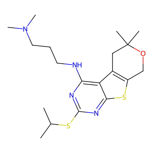 N'-[6,6-dimethyl-2-(propan-2-ylsulfanyl)-5,8-dihydro-6H-pyrano[4',3':4,5]thieno[2,3-d]pyrimidin-4-yl]-N,N-dimethylpropane-1,3-diamine structure