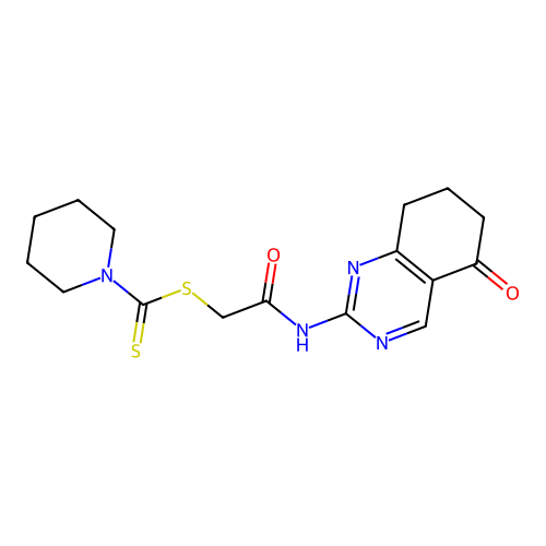 2-oxo-2-[(5-oxo-5,6,7,8-tetrahydroquinazolin-2-yl)amino]ethyl piperidine-1-carbodithioate structure