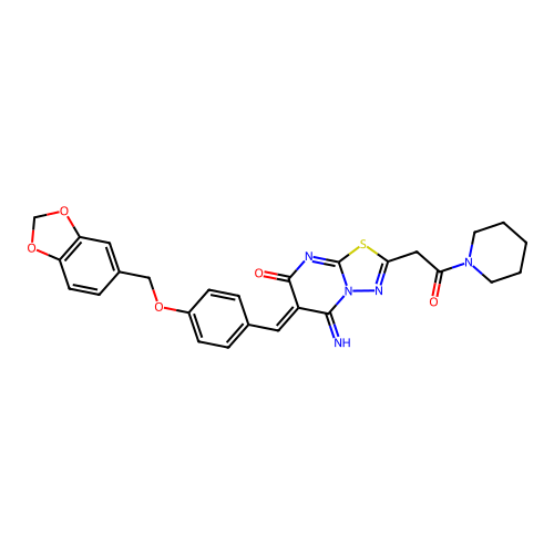 (6Z)-6-[[4-(1,3-benzodioxol-5-ylmethoxy)phenyl]methylidene]-5-imino-2-(2-oxo-2-piperidin-1-ylethyl)-[1,3,4]thiadiazolo[3,2-a]pyrimidin-7-one structure