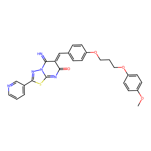 (6Z)-5-imino-6-[[4-[3-(4-methoxyphenoxy)propoxy]phenyl]methylidene]-2-pyridin-3-yl-[1,3,4]thiadiazolo[3,2-a]pyrimidin-7-one structure