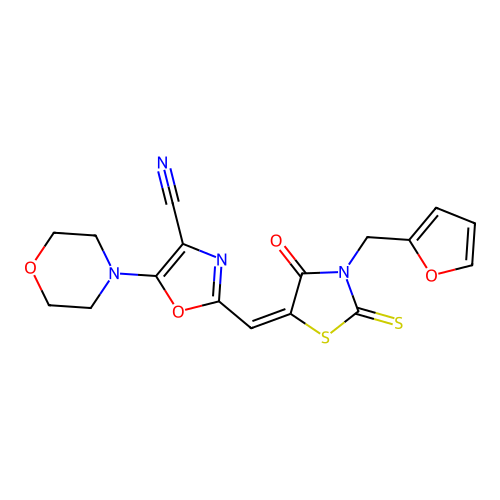 (E)-2-((3-(furan-2-ylmethyl)-4-oxo-2-thioxothiazolidin-5-ylidene)methyl)-5-morpholinooxazole-4-carbonitrile structure