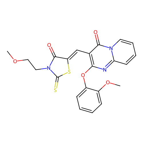 3-{(Z)-[3-(2-methoxyethyl)-4-oxo-2-thioxo-1,3-thiazolidin-5-ylidene]methyl}-2-(2-methoxyphenoxy)-4H-pyrido[1,2-a]pyrimidin-4-one structure