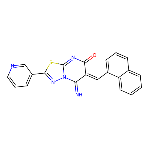 (6Z)-5-imino-6-(naphthalen-1-ylmethylidene)-2-(pyridin-3-yl)-5,6-dihydro-7H-[1,3,4]thiadiazolo[3,2-a]pyrimidin-7-one structure