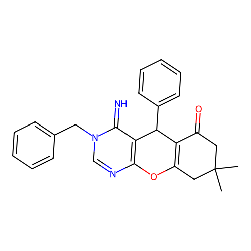 3-benzyl-4-imino-8,8-dimethyl-5-phenyl-3,4,5,7,8,9-hexahydro-6H-chromeno[2,3-d]pyrimidin-6-one structure