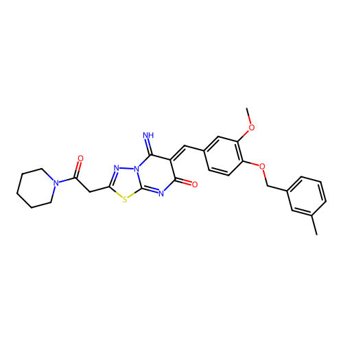(6Z)-5-imino-6-[[3-methoxy-4-[(3-methylphenyl)methoxy]phenyl]methylidene]-2-(2-oxo-2-piperidin-1-ylethyl)-[1,3,4]thiadiazolo[3,2-a]pyrimidin-7-one structure