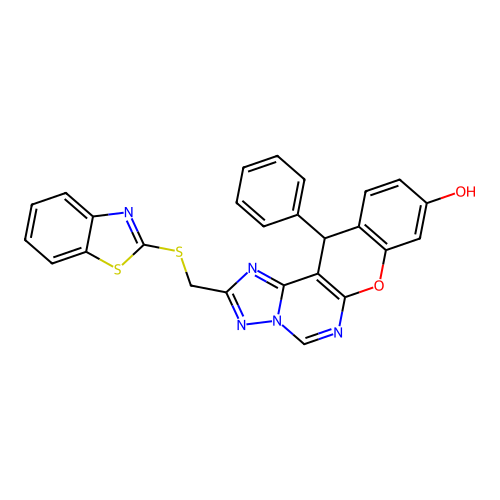 2-[(1,3-benzothiazol-2-ylsulfanyl)methyl]-12-phenyl-12H-chromeno[3,2-e][1,2,4]triazolo[1,5-c]pyrimidin-9-ol structure