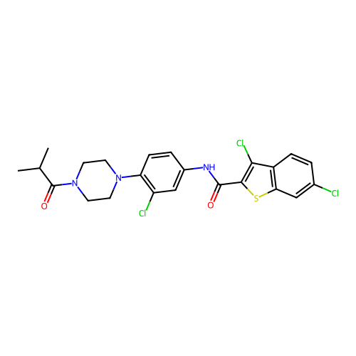 3,6-dichloro-N-(3-chloro-4-(4-isobutyrylpiperazin-1-yl)phenyl)benzo[b]thiophene-2-carboxamide structure