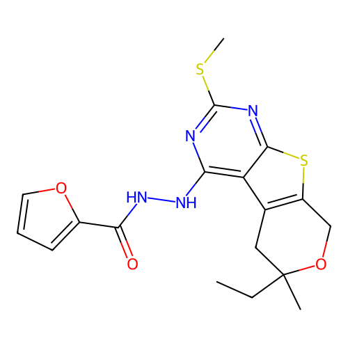 N'-(6-ethyl-6-methyl-2-(methylthio)-6,8-dihydro-5H-pyrano[4',3':4,5]thieno[2,3-d]pyrimidin-4-yl)furan-2-carbohydrazide structure
