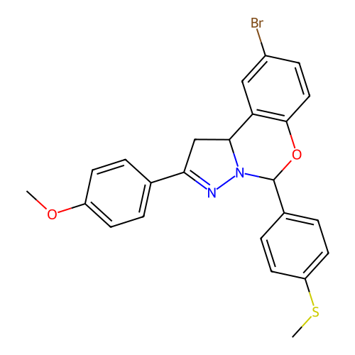 9-bromo-2-(4-methoxyphenyl)-5-(4-(methylthio)phenyl)-5,10b-dihydro-1H-benzo[e]pyrazolo[1,5-c][1,3]oxazine structure