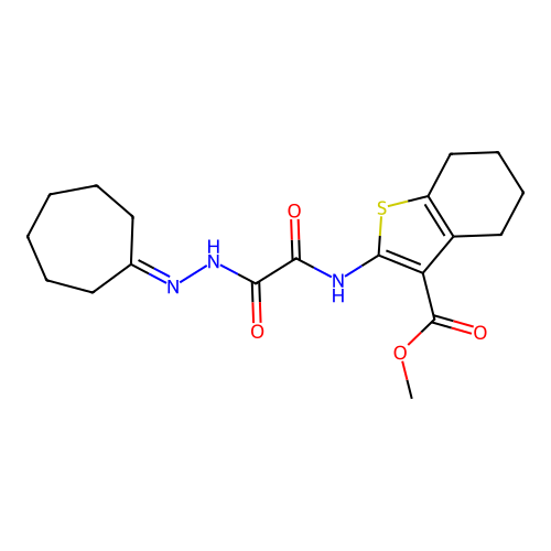 methyl 2-(2-(2-cycloheptylidenehydrazinyl)-2-oxoacetamido)-4,5,6,7-tetrahydrobenzo[b]thiophene-3-carboxylate structure