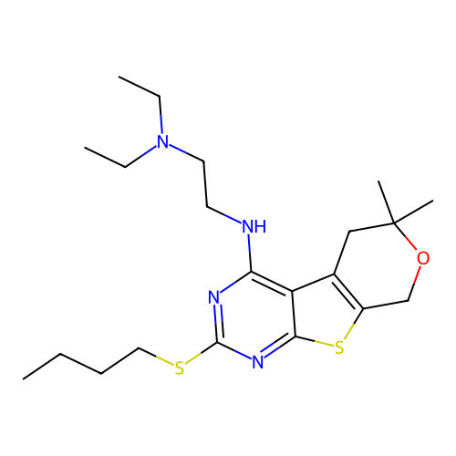 N'-[2-(butylsulfanyl)-6,6-dimethyl-5,8-dihydro-6H-pyrano[4',3':4,5]thieno[2,3-d]pyrimidin-4-yl]-N,N-diethylethane-1,2-diamine structure