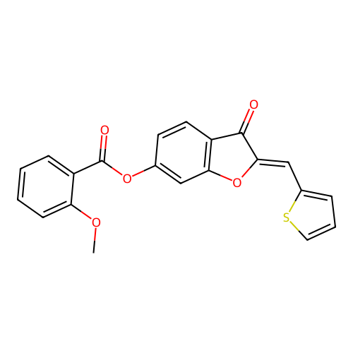 (Z)-3-oxo-2-(thiophen-2-ylmethylene)-2,3-dihydrobenzofuran-6-yl 2-methoxybenzoate structure